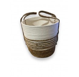 Beige Striped Wicker Basket with Handles 28x27cm