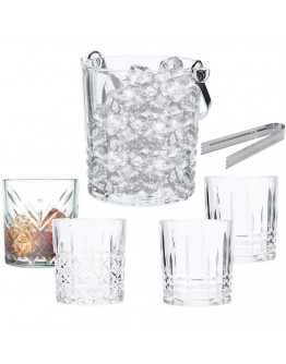 GLASS ICE BUCKET SET WITH 4 GLASSES AND TONGS